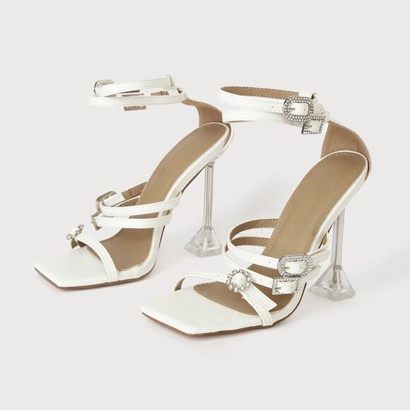 NWT  White Rhinestone Square Toe Ankle Strap High Heels - Picture 2 of 4